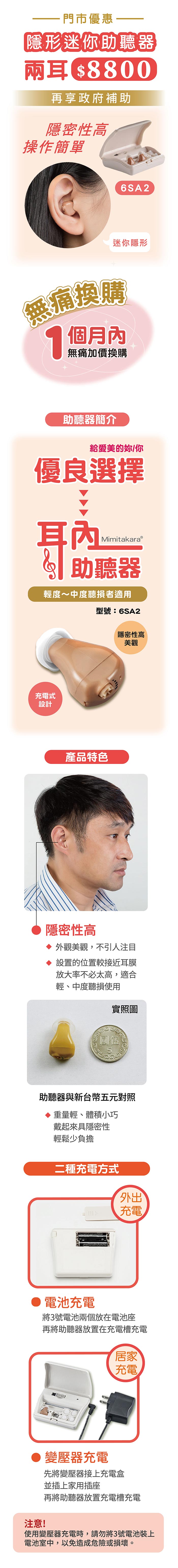 年末優惠★隱形迷你助聽器 6SA2 雙耳 $8800，再享政府補助