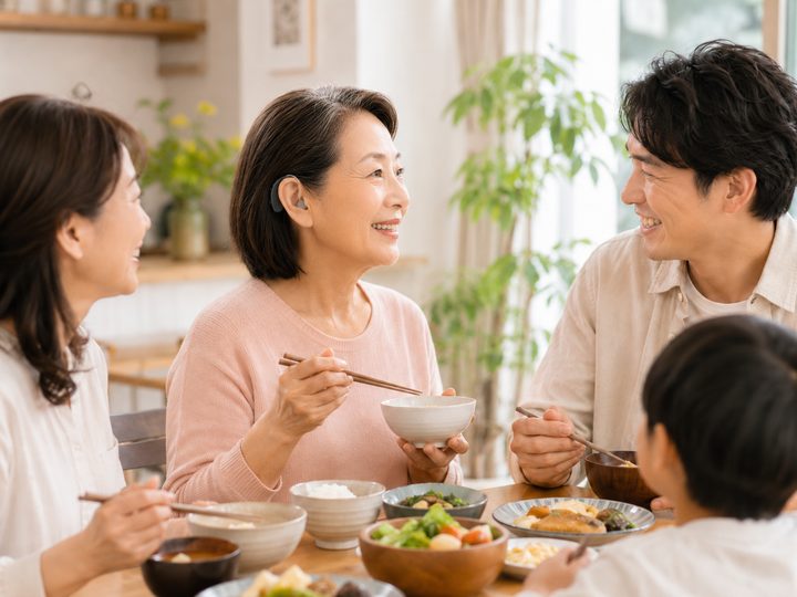一家人在明亮的餐桌旁家庭聚餐，熟齡女性配戴 UP-6EM 助聽器開心拿著碗筷，與兒子、媳婦及孫子交談，呈現配戴助聽器後輕鬆參與每個話題、與家人交流更自然的生活情境。