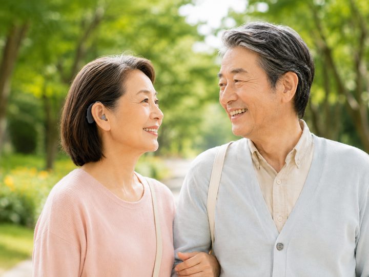 一對熟齡夫妻在綠意盎然的公園步道散步，女性耳上配戴 UP-6EM 助聽器，兩人挽著手相視而笑，呈現配戴助聽器自然聽見環境聲音、散步出遊更愉快的戶外活動情境。