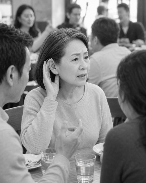 黑白照片中一位熟齡女性在熱鬧的餐廳聚餐，手放耳後努力聆聽同桌男士說話，表現環境吵雜時聽不清楚對話、需要對方重複說明的聽力困擾。