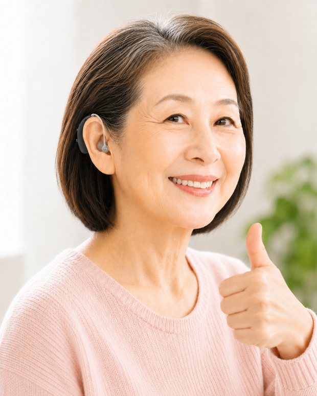 一位短髮熟齡女性穿著粉色毛衣，耳上配戴 UP-6EM 助聽器，面帶笑容比出讚的手勢，搭配使用者真心推薦分享：配戴舒適、聲音更清楚，與家人聊天、看電視、出門散步都更輕鬆。