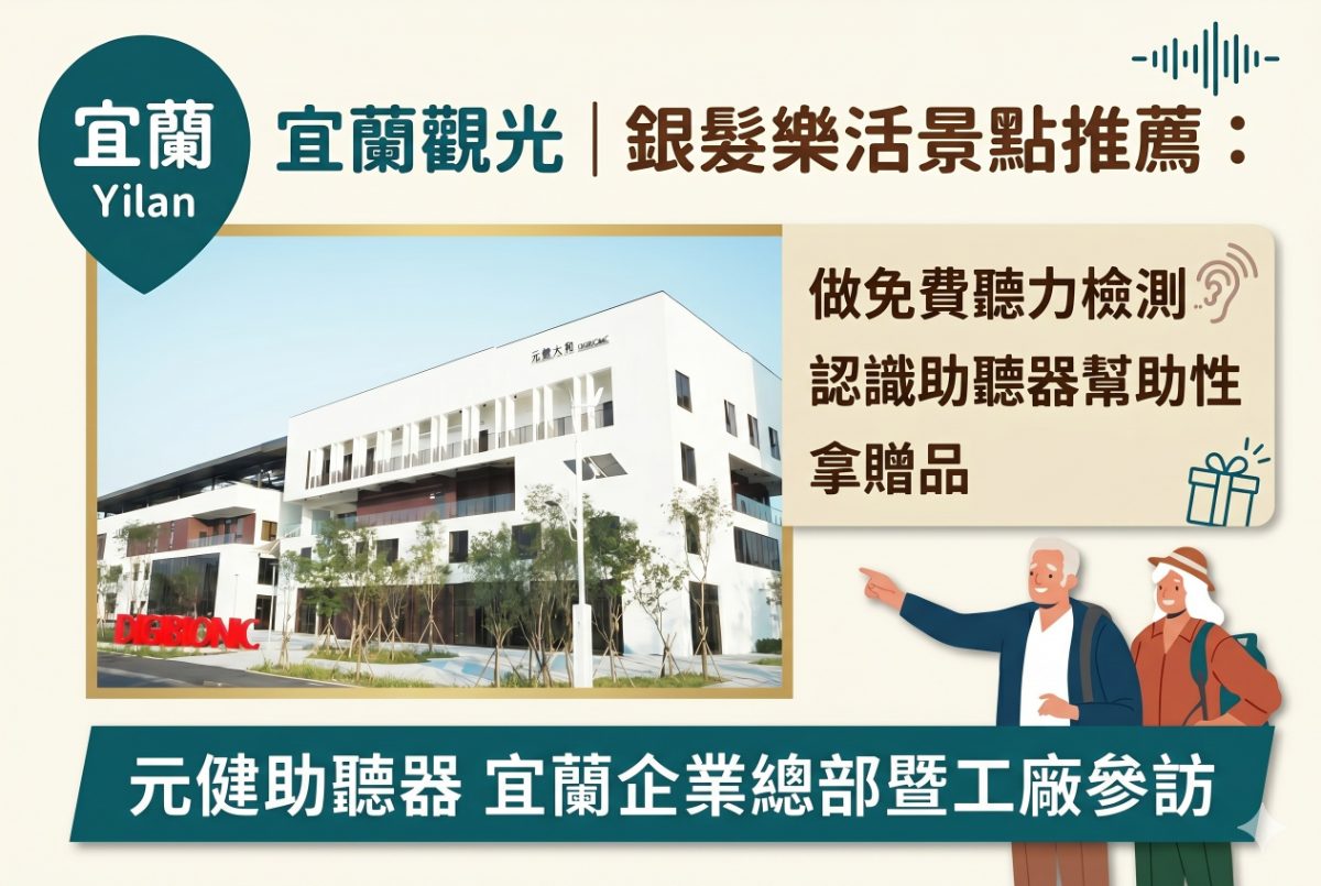 宜蘭觀光銀髮樂活景點推薦文章小圖,元健助聽器宜蘭企業總部暨工廠參訪,白色建築外觀搭配銀髮夫妻插畫,標示做免費聽力檢測、認識助聽器幫助性、拿贈品,點擊可閱讀宜蘭在地觀光景點推薦全文