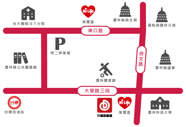 元健助聽器雲林斗六店位置示意圖，門市位於雲林縣斗六市大學路三段245號，地圖標示大學路三段、埤口路與府文路，周邊有台大醫院斗六分院、萊爾富、雲林縣衛生局、國稅局雲林分局、停二停車場、雲林縣公共圖書館、雲林體育館、雲林縣議會、台糖加油站與雲林科技大學