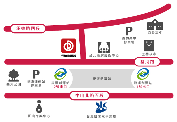 元健助聽器台北士林店位置示意圖，門市位於台北市士林區基河路34號1樓，地圖標示承德路四段、基河路與中山北路五段，周邊有捷運劍潭站1號與2號出口、台北表演藝術中心、士林夜市、百齡高中、百齡高中停車場、劍潭捷運站停車場、圓山育樂中心與台北自來水事業處