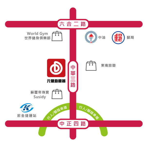 元健助聽器高雄前金店位置示意圖,門市位於高雄市前金區中華三路133號,地圖標示六合二路、中華三路與中正四路,周邊有World Gym世界健身俱樂部、中油、郵局、蘇菲帝寶Susidy、前金捷運站與行人徒步區