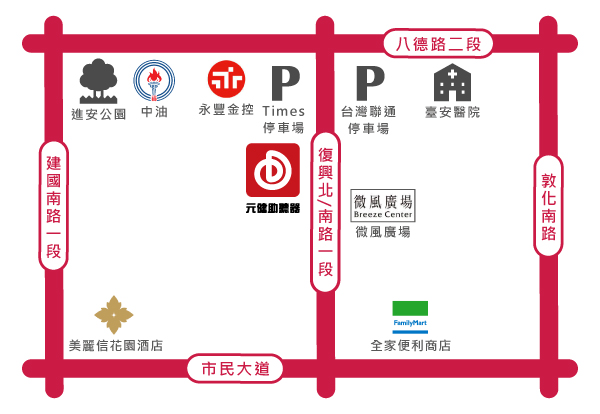 元健助聽器台北復興旗艦店位置示意圖,門市位於台北市中山區復興南路一段18號,地圖標示八德路二段、建國南路一段、復興北路與復興南路一段、敦化南路及市民大道,周邊有微風廣場、中油、永豐金控、Times停車場、台灣聯通停車場、臺安醫院、全家便利商店與美麗信花園酒店